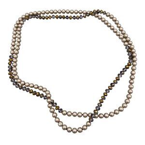 Pearl Faceted Beaded Double Strand Necklace Gold Tone and Smoky 56 Inch